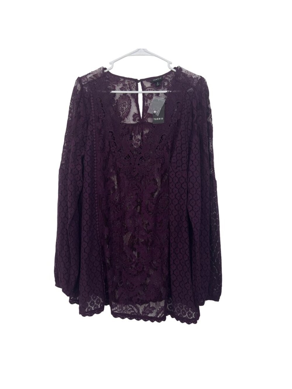 Torrid Womens Size 2X Lace Mix Long Sleeve Top Blouse Purple Sheer V Neck- NEW